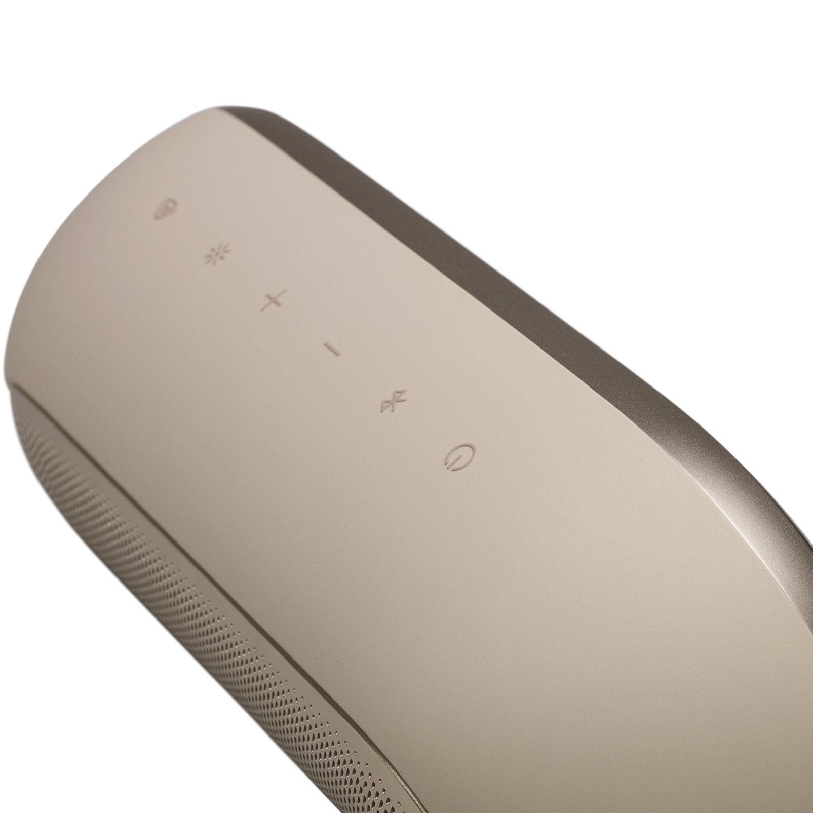 Un altavoz beige con iconos de volumen, Bluetooth y encendido.