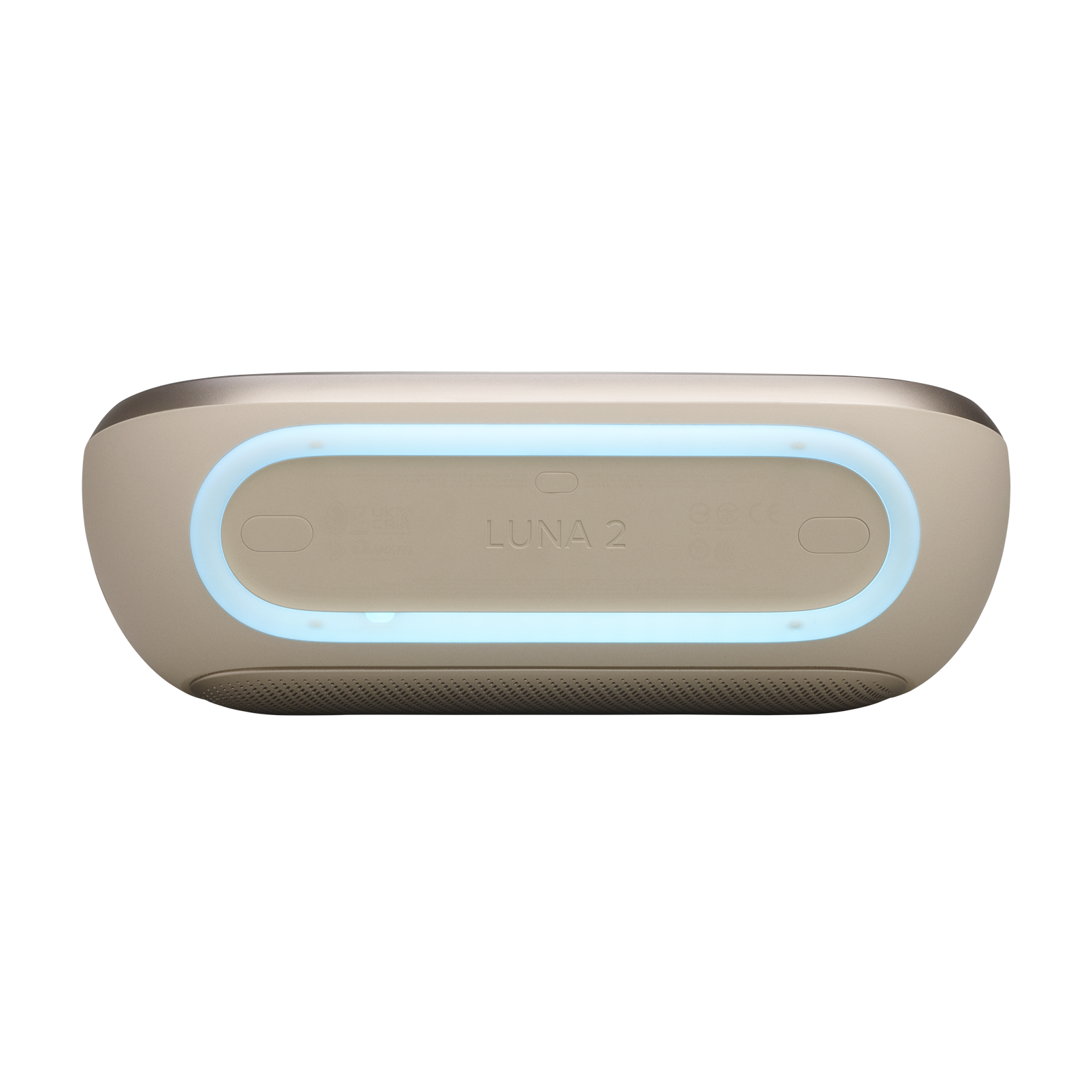 Un altavoz beige con borde de luz azul y orificios de ventilación abajo.