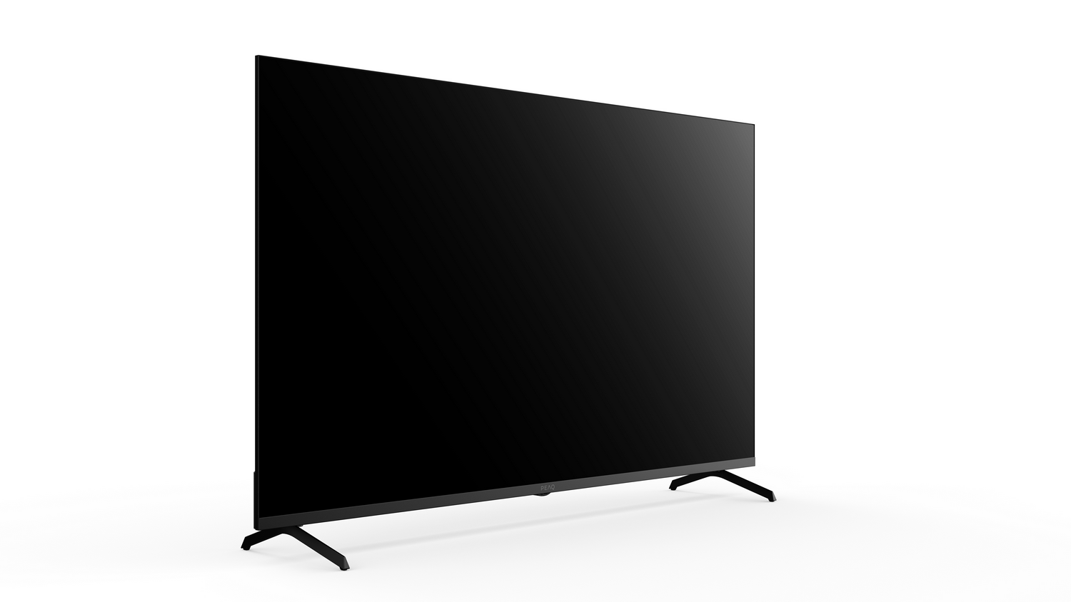Un televisor negro de pantalla plana con dos patas sobre fondo blanco.