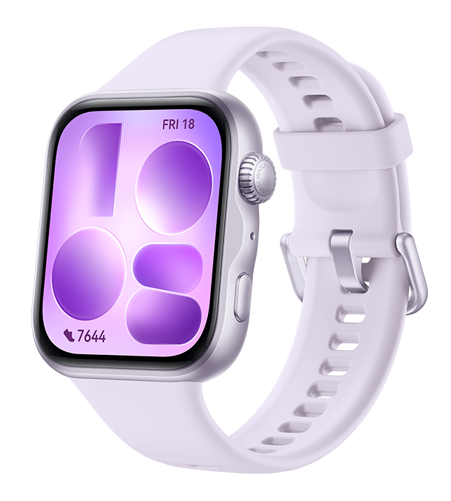 Jasnofioletowy smartwatch ze srebrną obudową i cyfrowym wyświetlaczem.