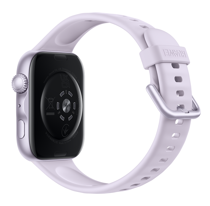 Srebrny smartwatch z jasnofioletowym paskiem, pokazano tył ze szczegółami.