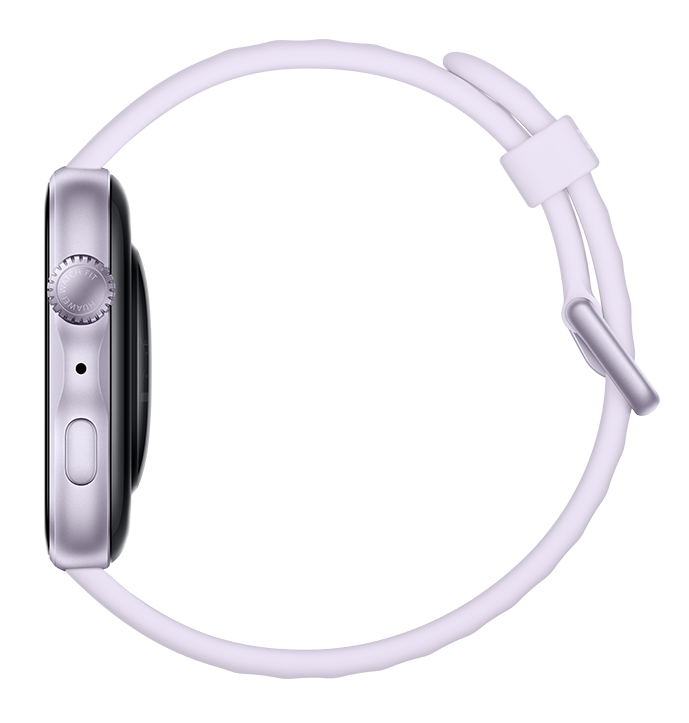 Srebrny smartwatch z jasnofioletową bransoletą na czarnym tle.