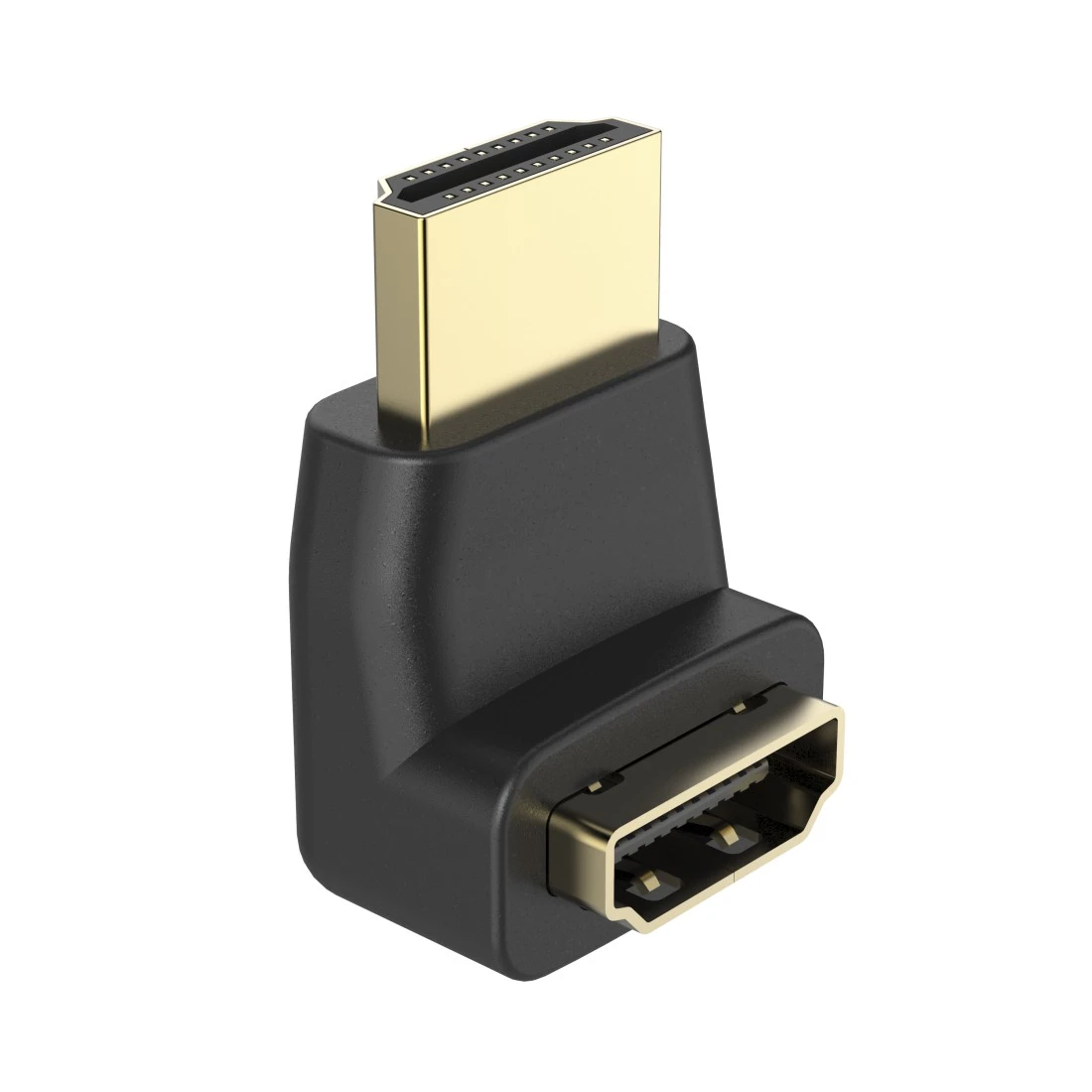 Un adaptador HDMI en ángulo de 90 grados negro con conectores dorados.