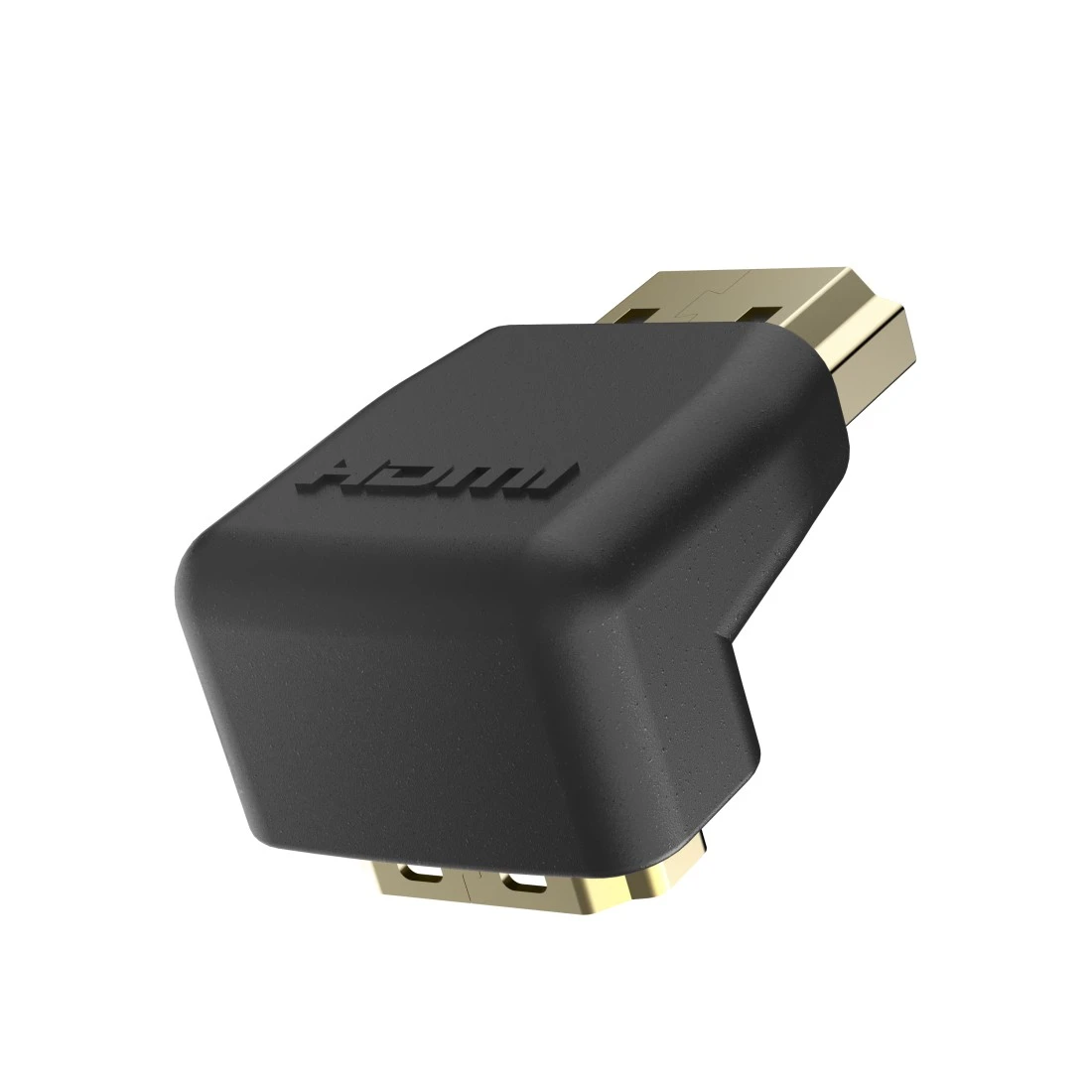 Un adaptador HDMI en ángulo de 90 grados negro con conectores dorados.