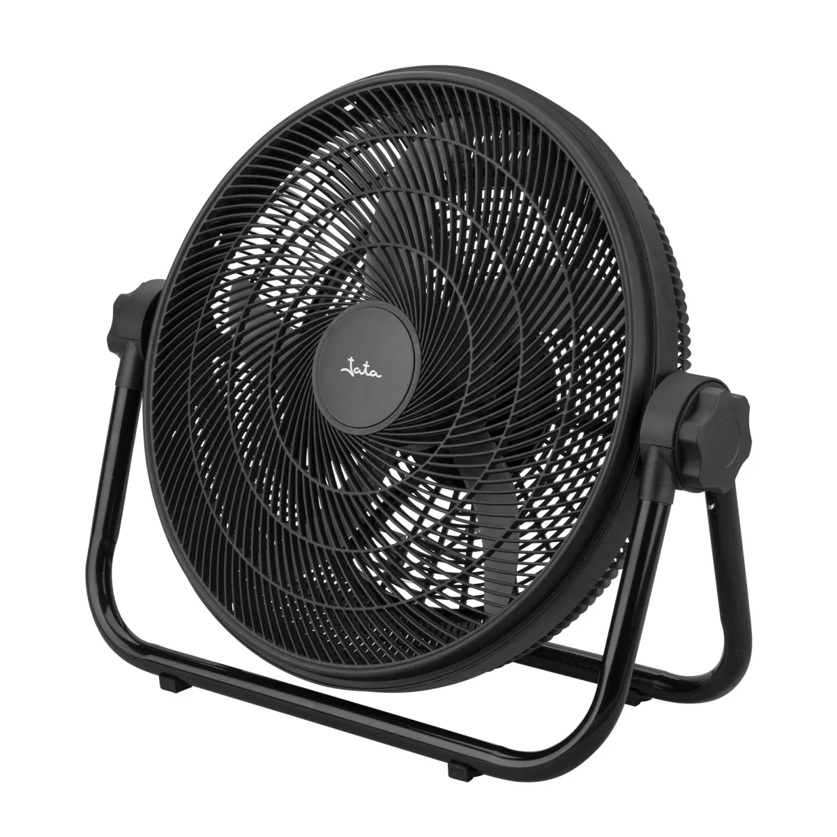 Un ventilador de suelo negro con soporte metálico, aislado sobre fondo blanco.