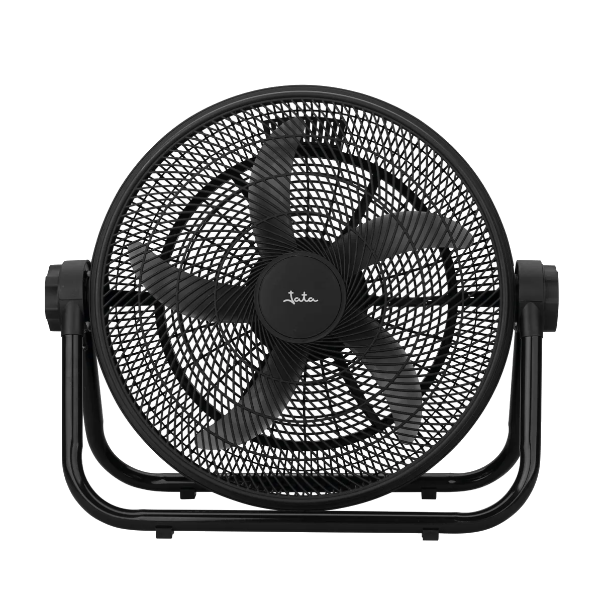 Un ventilador de suelo negro con cinco aspas sobre un soporte metálico.