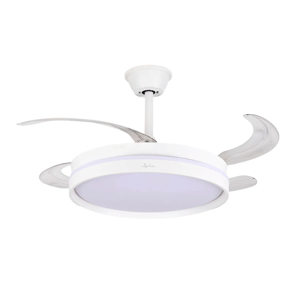 Un moderno ventilador de techo blanco con aspas retráctiles y luz LED.