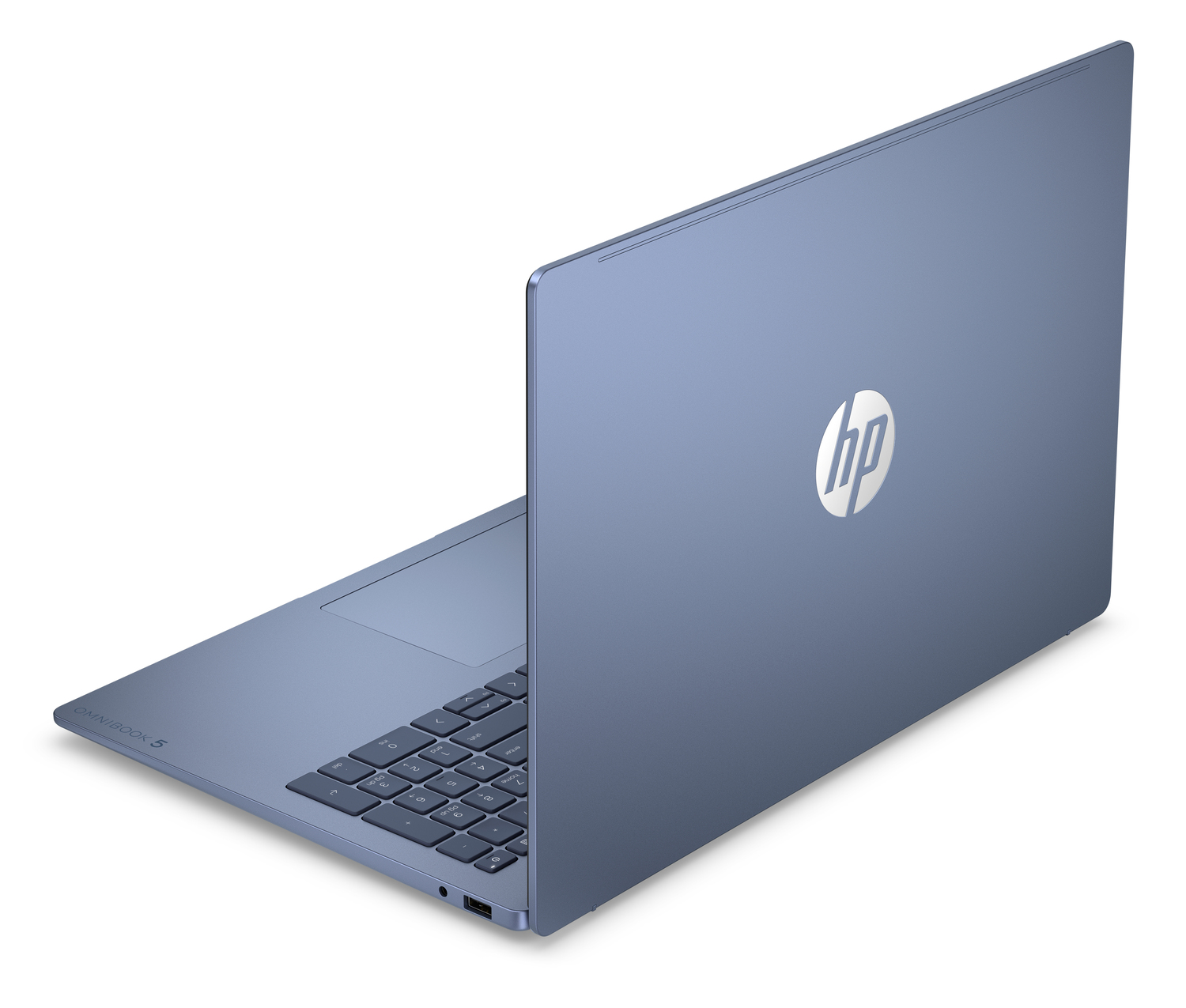 Un portátil HP azul con teclado y logo HP iluminado en la tapa.
