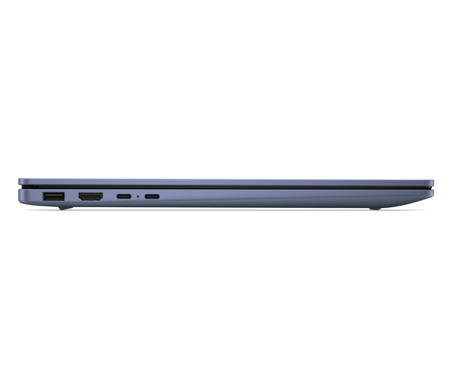 Vista lateral de un portátil azul con puertos: USB-A, HDMI, dos USB-C.