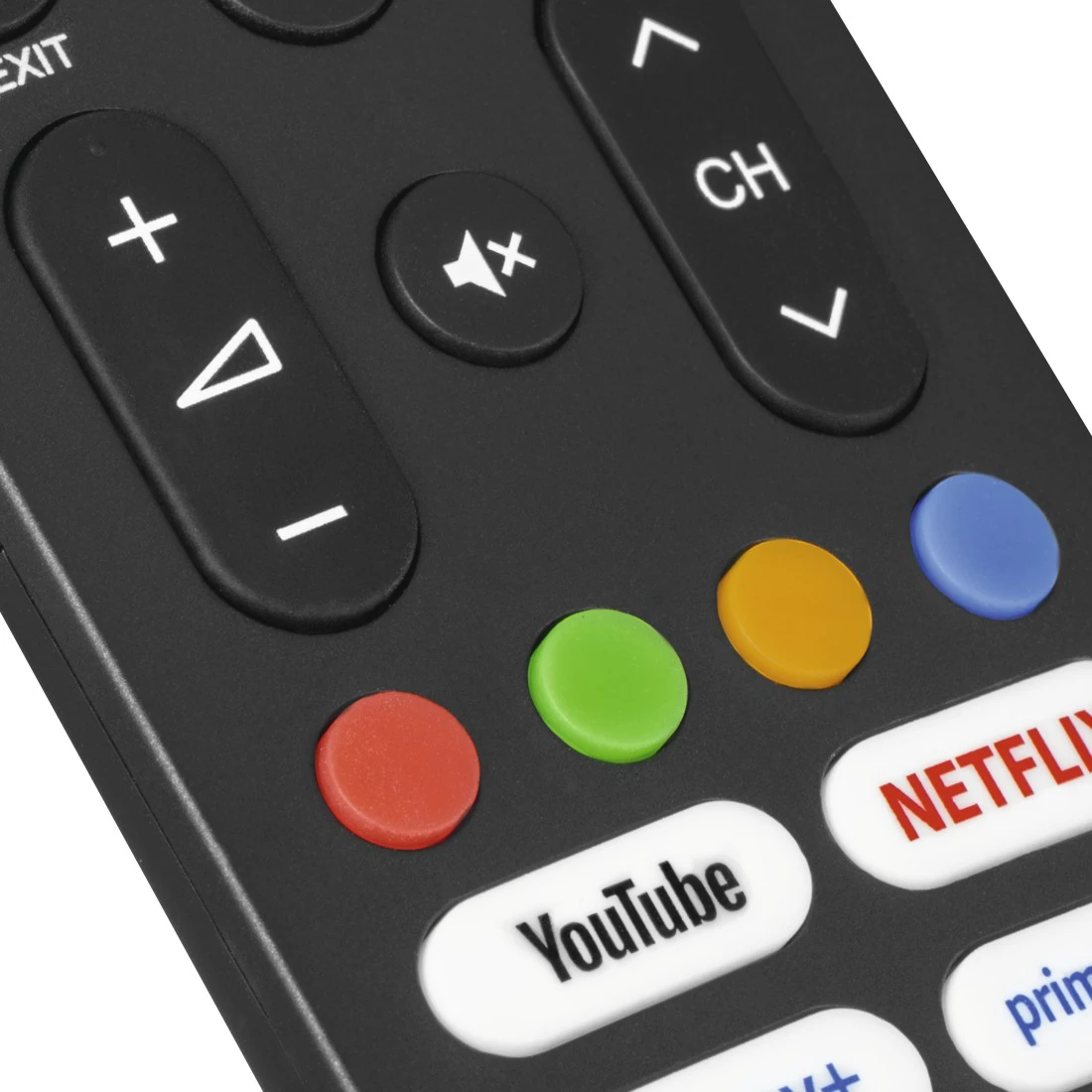 Primer plano de un mando a distancia negro con botones de colores e iconos de aplicaciones.