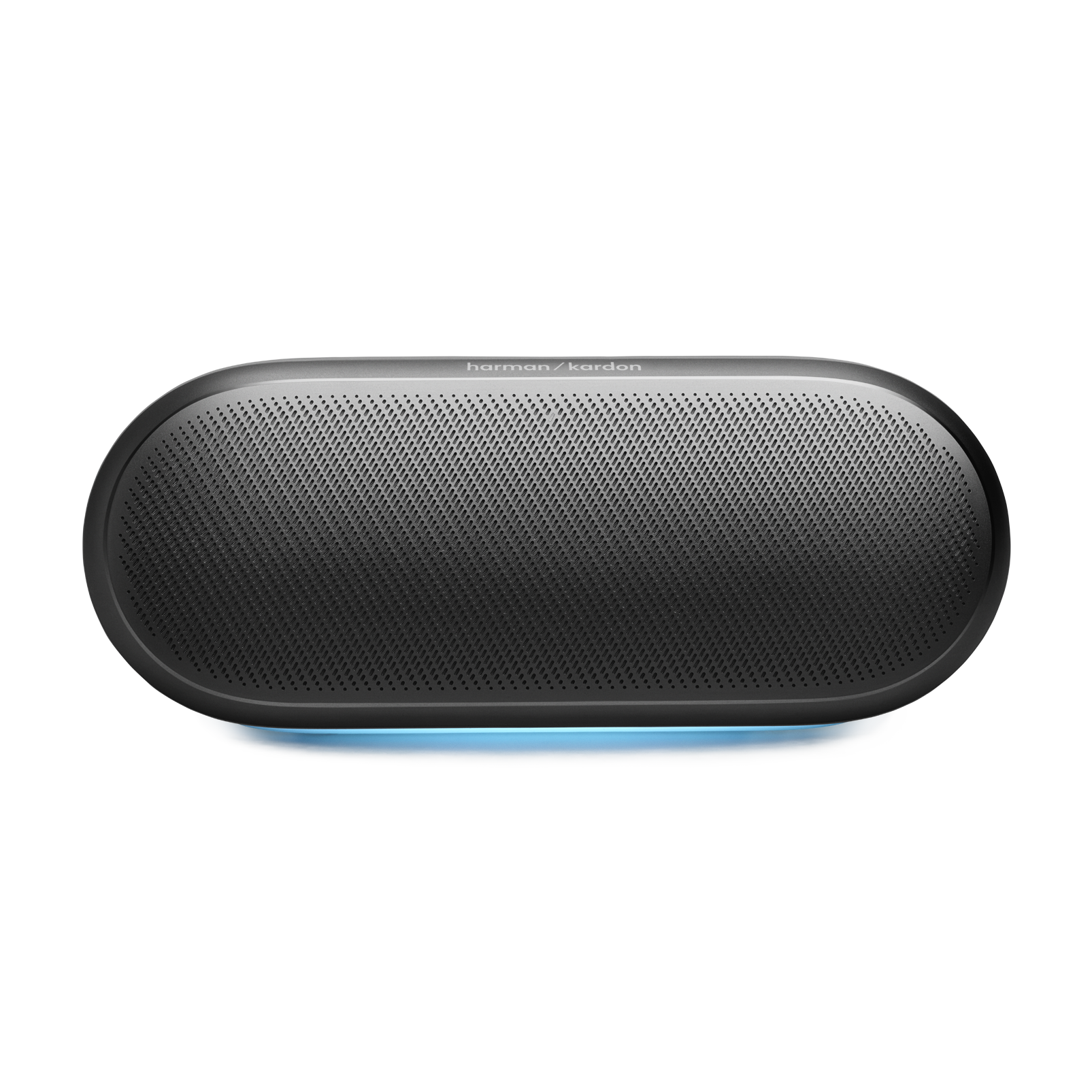 Un altavoz negro Harman Kardon con una tira de luz azul abajo.
