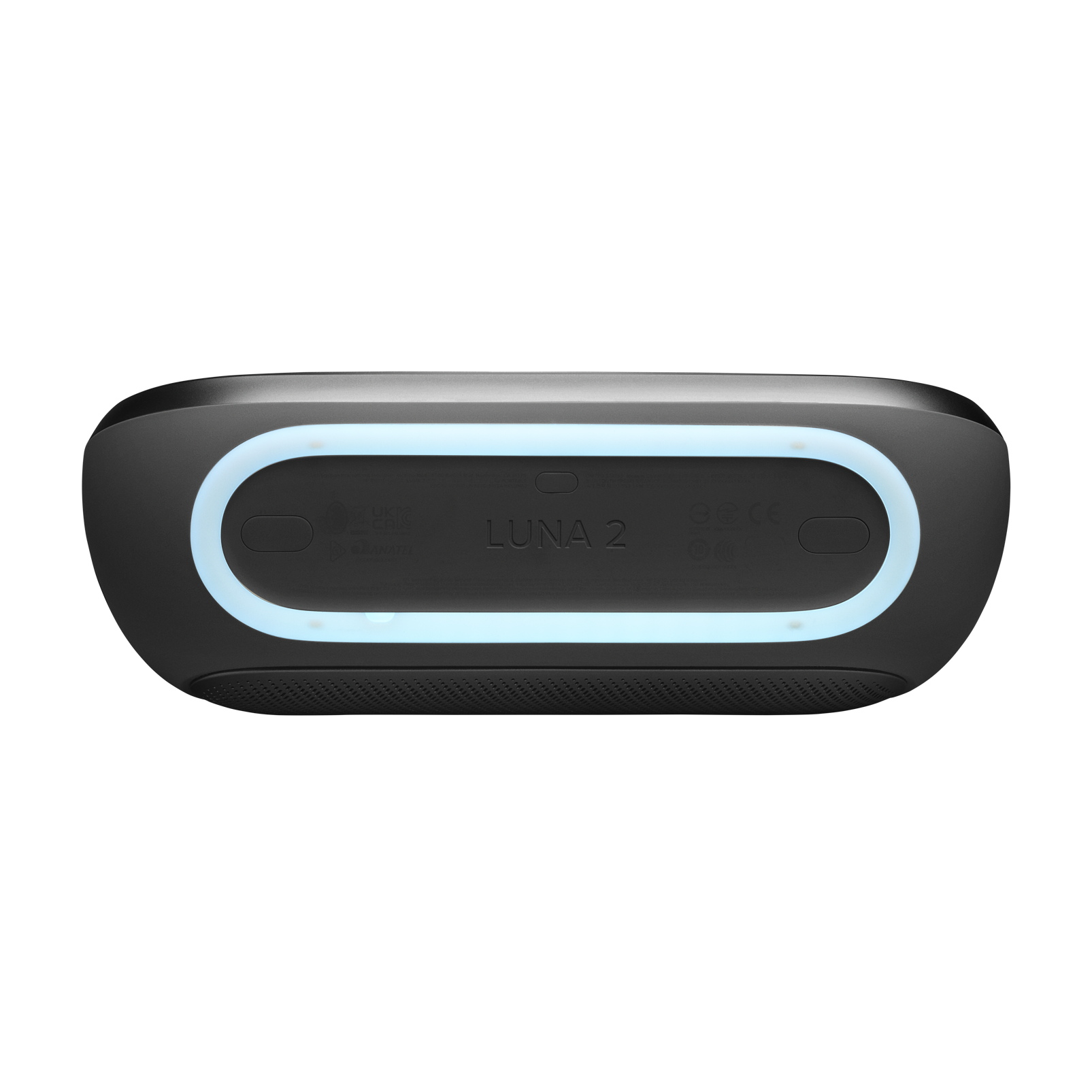Altavoz Bluetooth LUNA 2 negro con anillo de luz azul y rejilla.