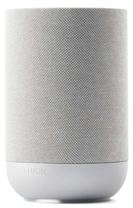 Szary, materiałowy cylinder z białą podstawą i logo 'DENON'.