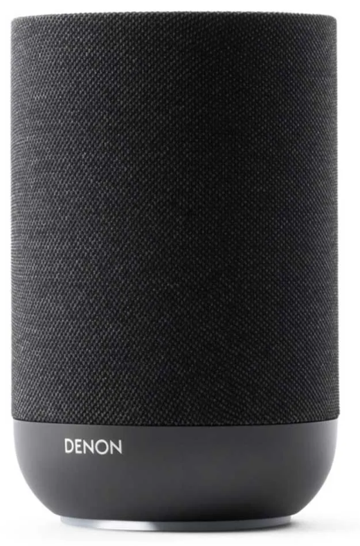 Czarny, cylindryczny głośnik z logo Denon na podstawie.