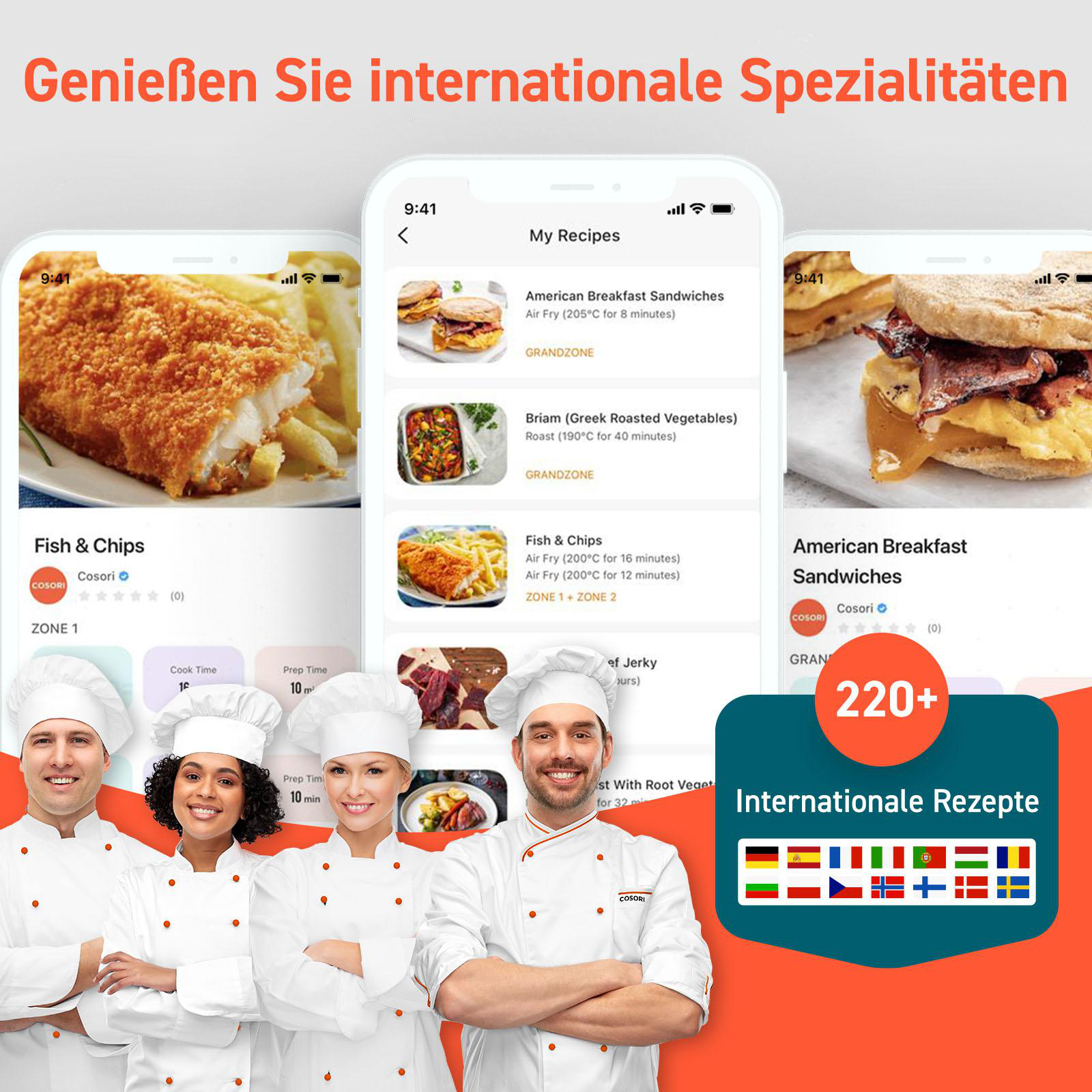 Drei Smartphones zeigen internationale Rezepte. Fisch und Pommes, Sandwiches, Gemüse.