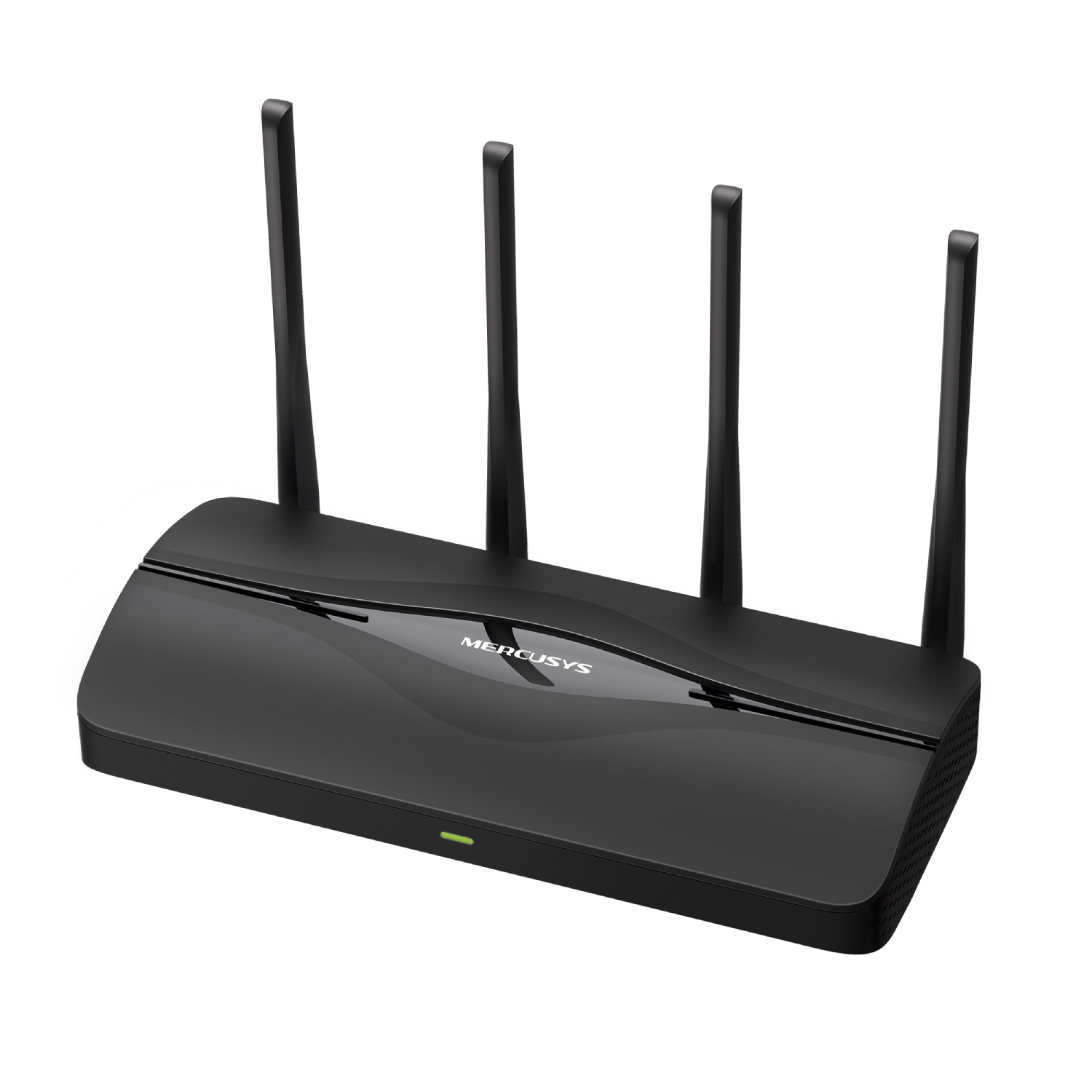 Un router MERCUSYS negro con cuatro antenas y una luz indicadora verde.