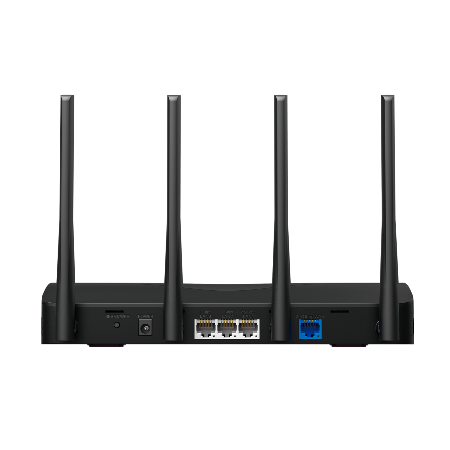 Router negro con cuatro antenas, puerto Reset/WPS, de alimentación y puertos LAN.