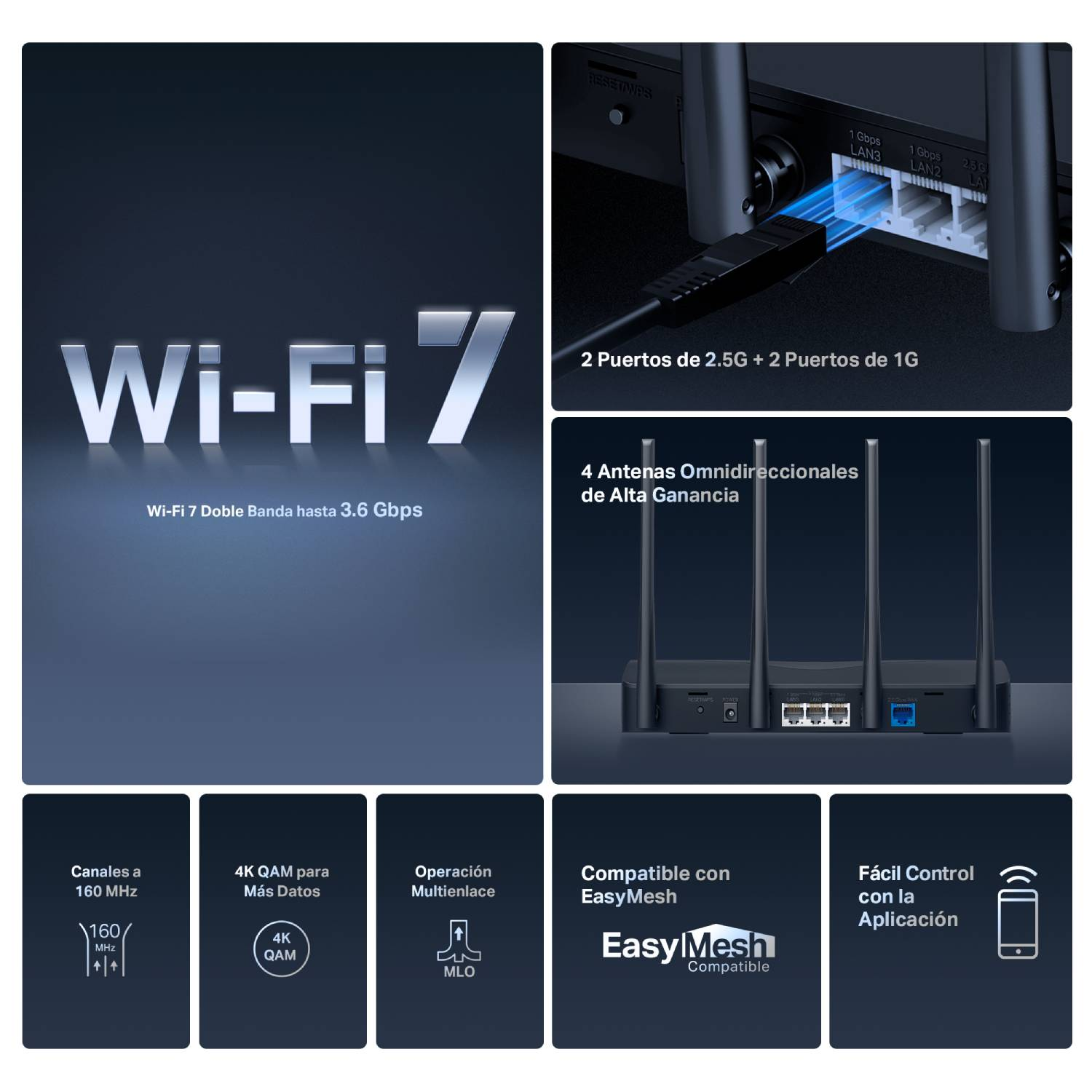 Wi-Fi 7 Doble Banda hasta 3.5 Gbps. 2 puertos 2.5G + 2 puertos de 1G, 4 antenas Omnidireccionales de Alta Ganancia, Canales a 160 Mhz, 4K QAM para Más Datos, Operacion Multienlace. Comatible con Easy Mesh. Fácil control con la App