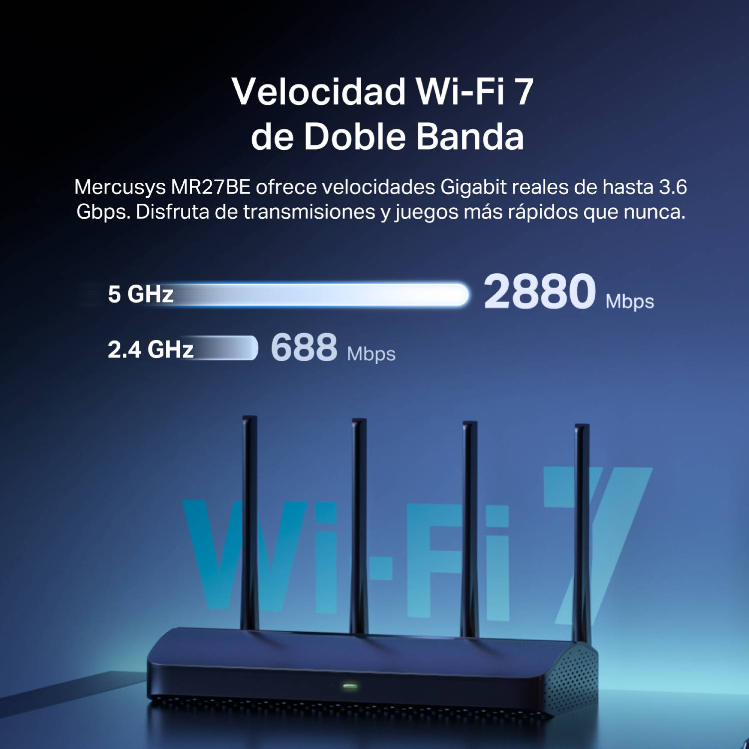 Velocidad Wi-Fi 7 de Doble Banda. Mercusys MR27BE ofrece velocidades Gigabit reales de hasta 3.6 Gbps. Disfruta de transmisiones y juegos más rapidos que nunca. 5 GHz 2880 Mbps, 2.4 GHz 688 Mbps.