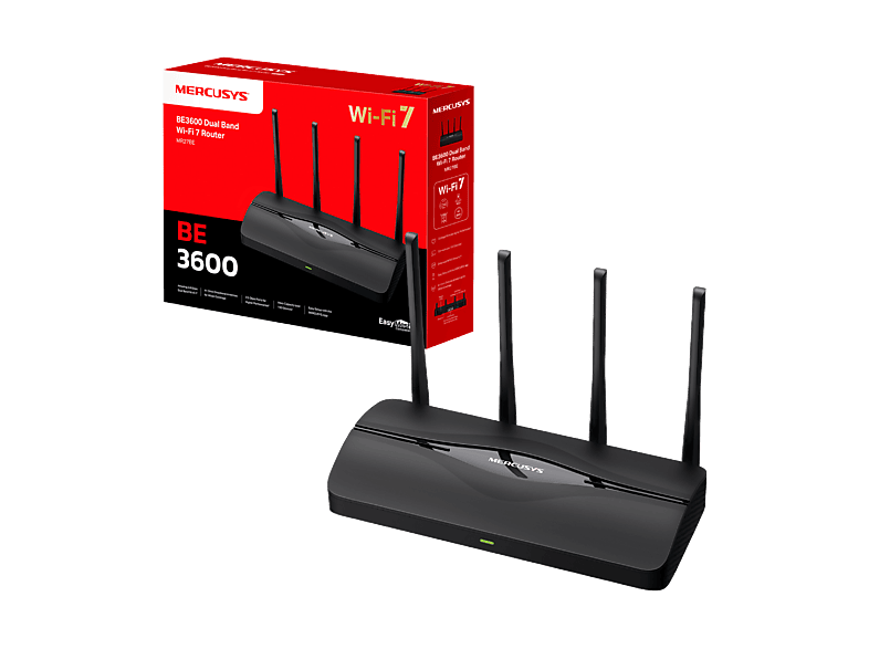 Router - Mercusys MR27BE, 3600 Mbps, WiFi 7 AX3600 Doble Banda, Puerto 2.5G Multi-Gigabit, Tecnología MLO, 4 Antenas, Red Mesh, Negro