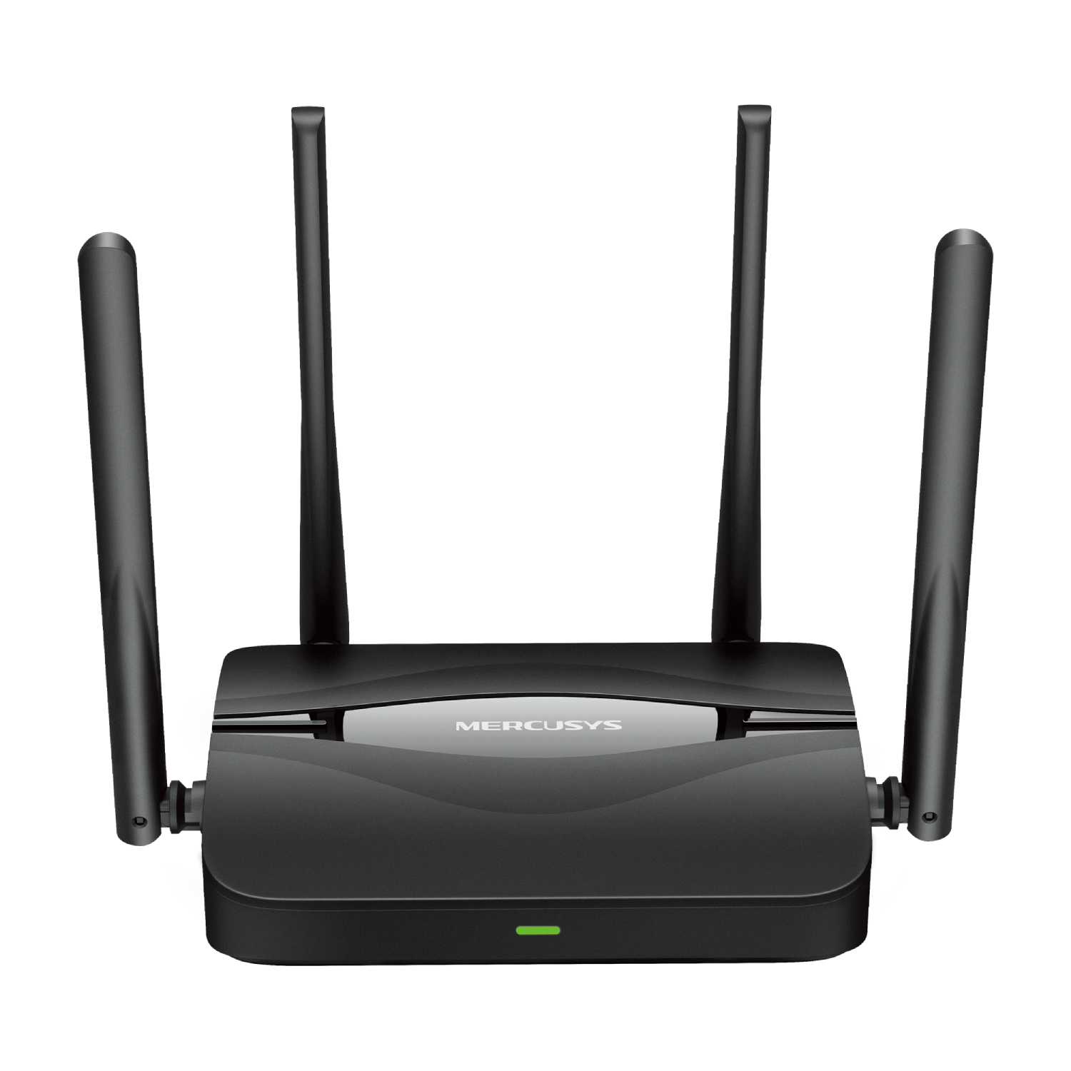 Un router MERCUSYS negro con cuatro antenas y una luz indicadora verde.