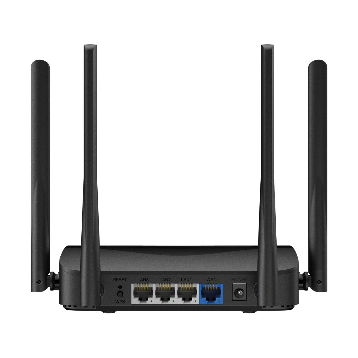Router Wi-Fi negro con cuatro antenas y puertos: Reset, WPS, LAN y WAN.