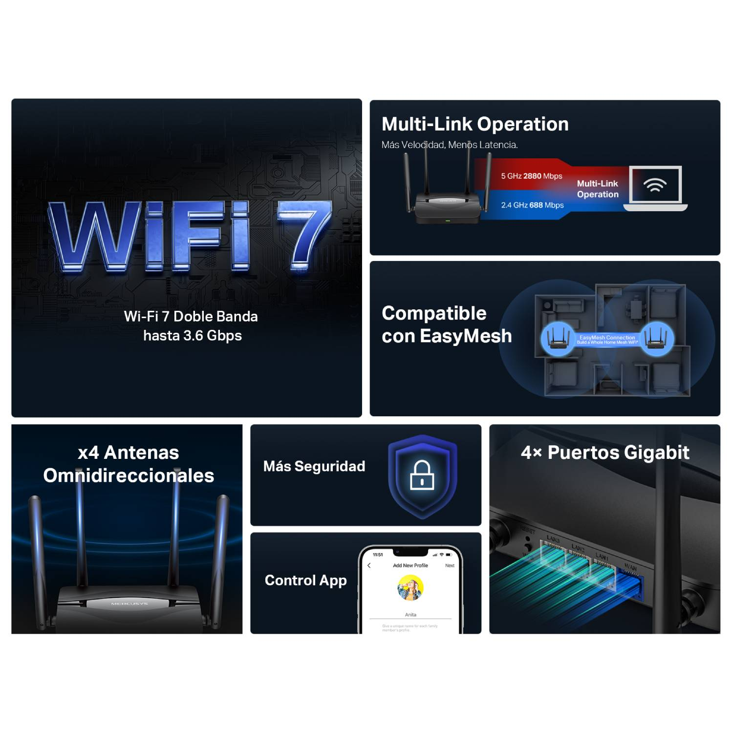 Router Wi-Fi 7 Doble Banda hasta 3.6 Gbps. Multi-Link Operation. Más velocidad, Menos Latencia. Compatible con EasyMesh, x4 Antenas Omnidireccionales. Más seguridad. Control App. 4x puertos Gigabit.