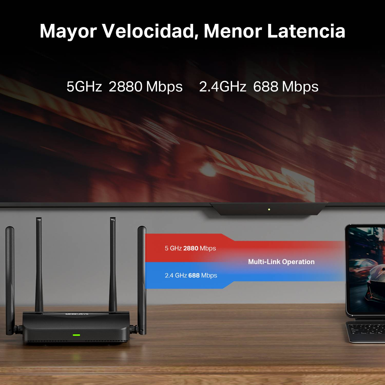 Mayor velociadad, menor latencia. 5GHz 2880 Mbps. 2.4 GHz 688 Mbps. Multi-Link Operation