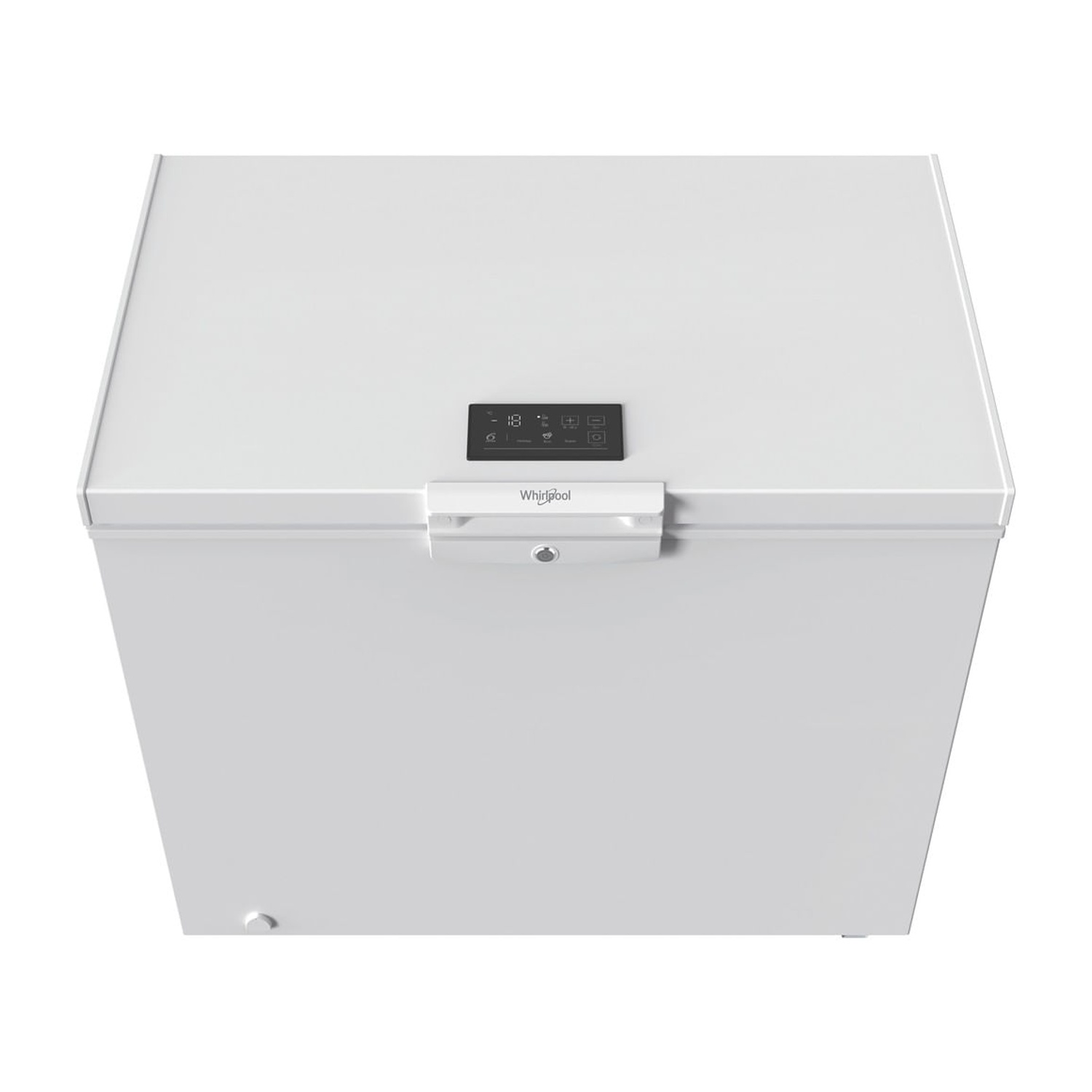 Un congelatore a pozzetto bianco con display digitale e logo Whirlpool.