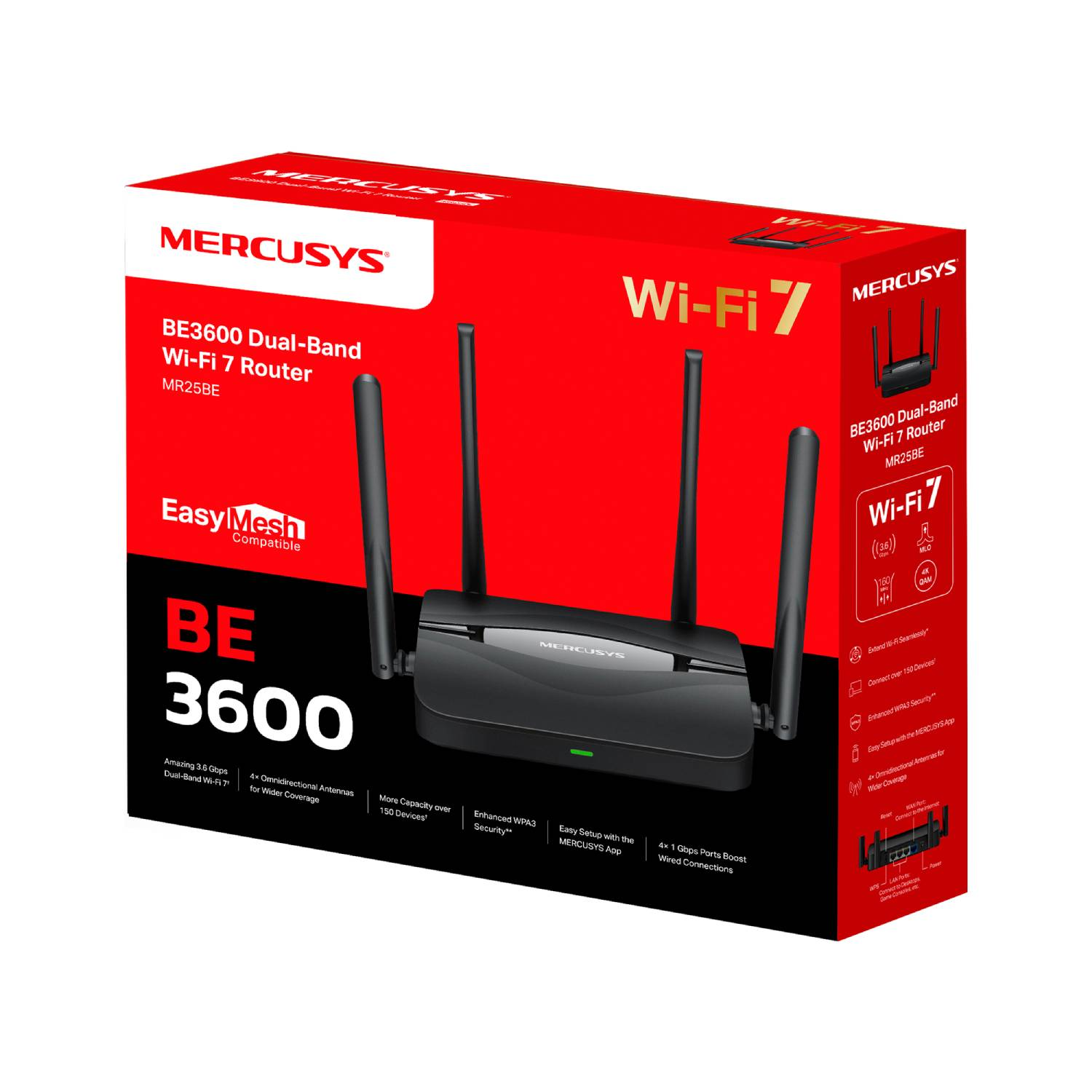 Un router Mercusys BE3600 Dual-Band Wi-Fi 7 con cuatro antenas, en su embalaje.