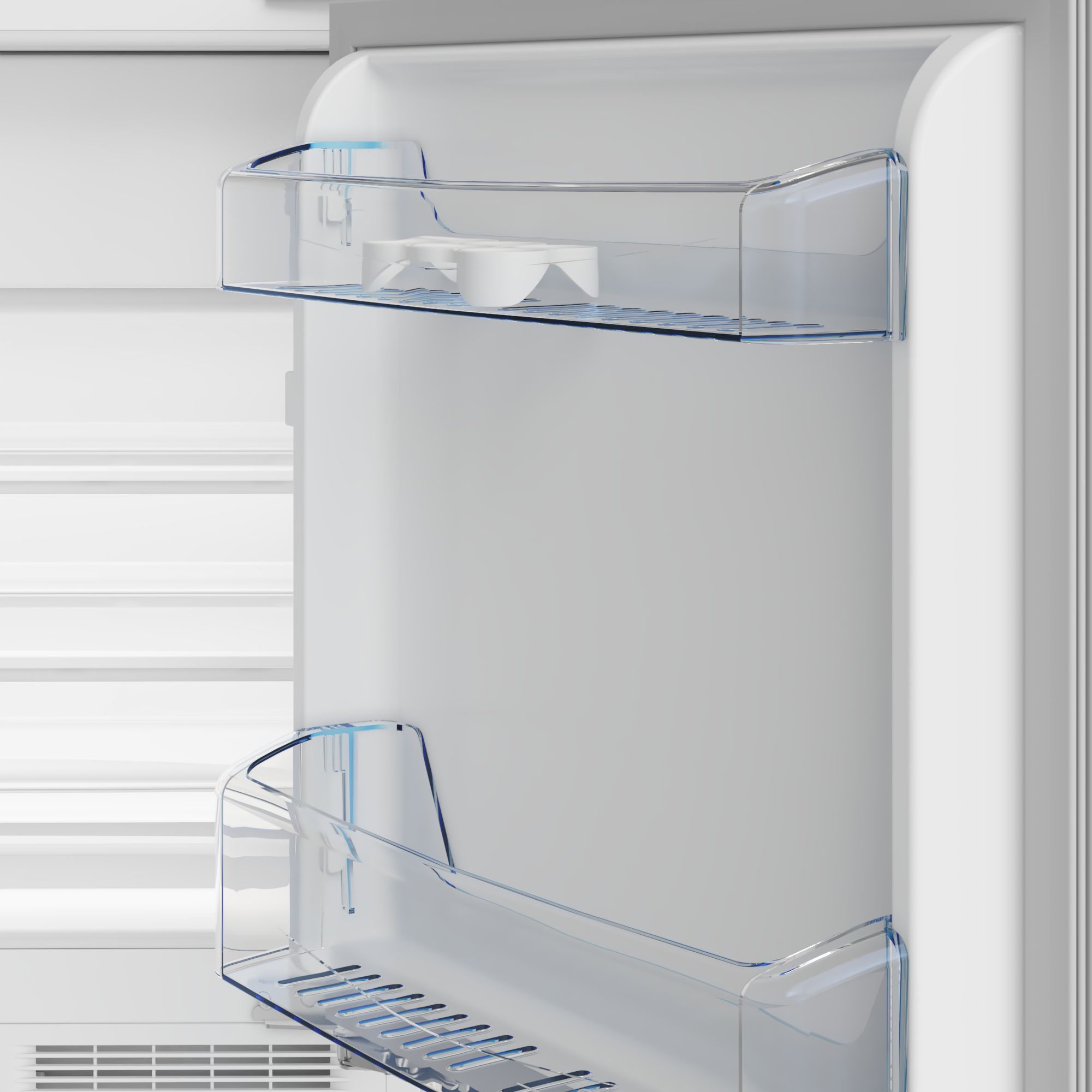 Vista interior de un refrigerador blanco con estantes transparentes y contenido blanco.
