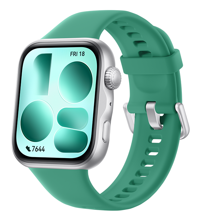 Zielony smartwatch z srebrną kopertą i srebrną klamrą.