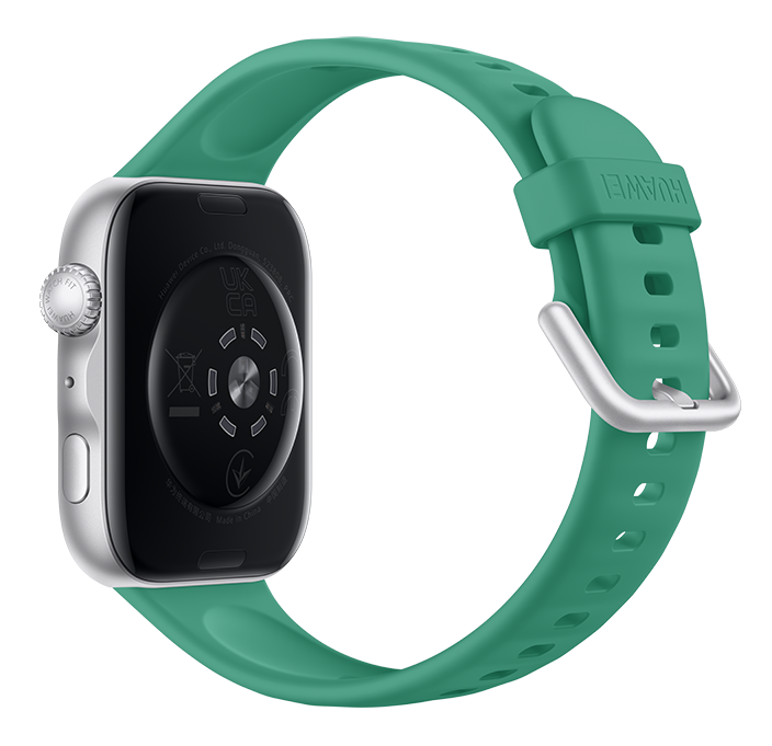 Srebrny smartwatch z zielonym paskiem, tył pokazuje czujniki i oznaczenie UKCA.