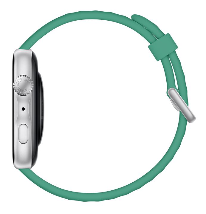 Srebrny smartwatch z turkusową bransoletą na czarnym tle.