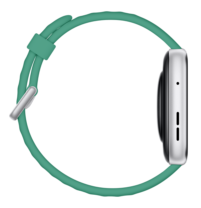 Zielony smartwatch z srebrną obudową i przyciskiem z boku.