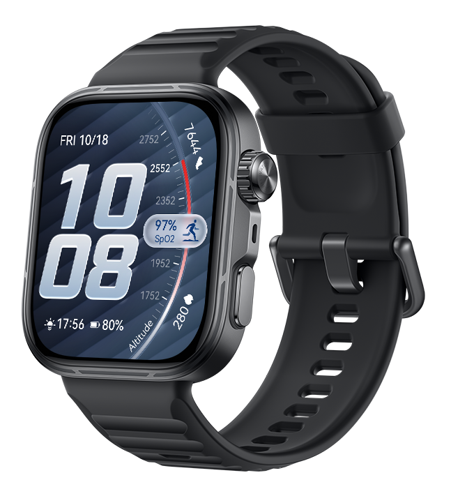 Czarny smartwatch pokazuje 10:08, 97% SpO2 i 80% baterii.