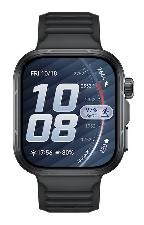 Szary smartwatch wyświetla 10:08, 97% SpO2, 17:56, 80% baterii, wysokość 280.