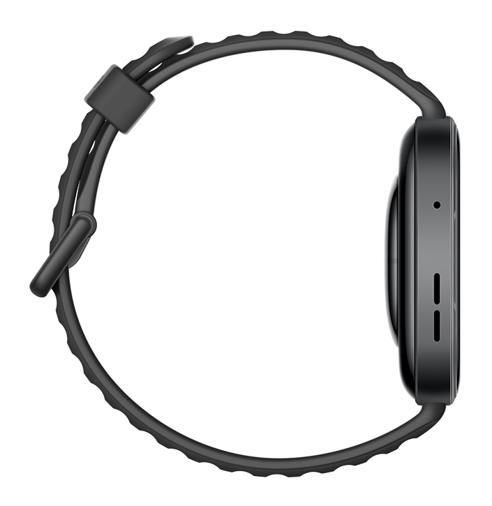 Ciemnoszary smartwatch z paskiem, widok z boku.