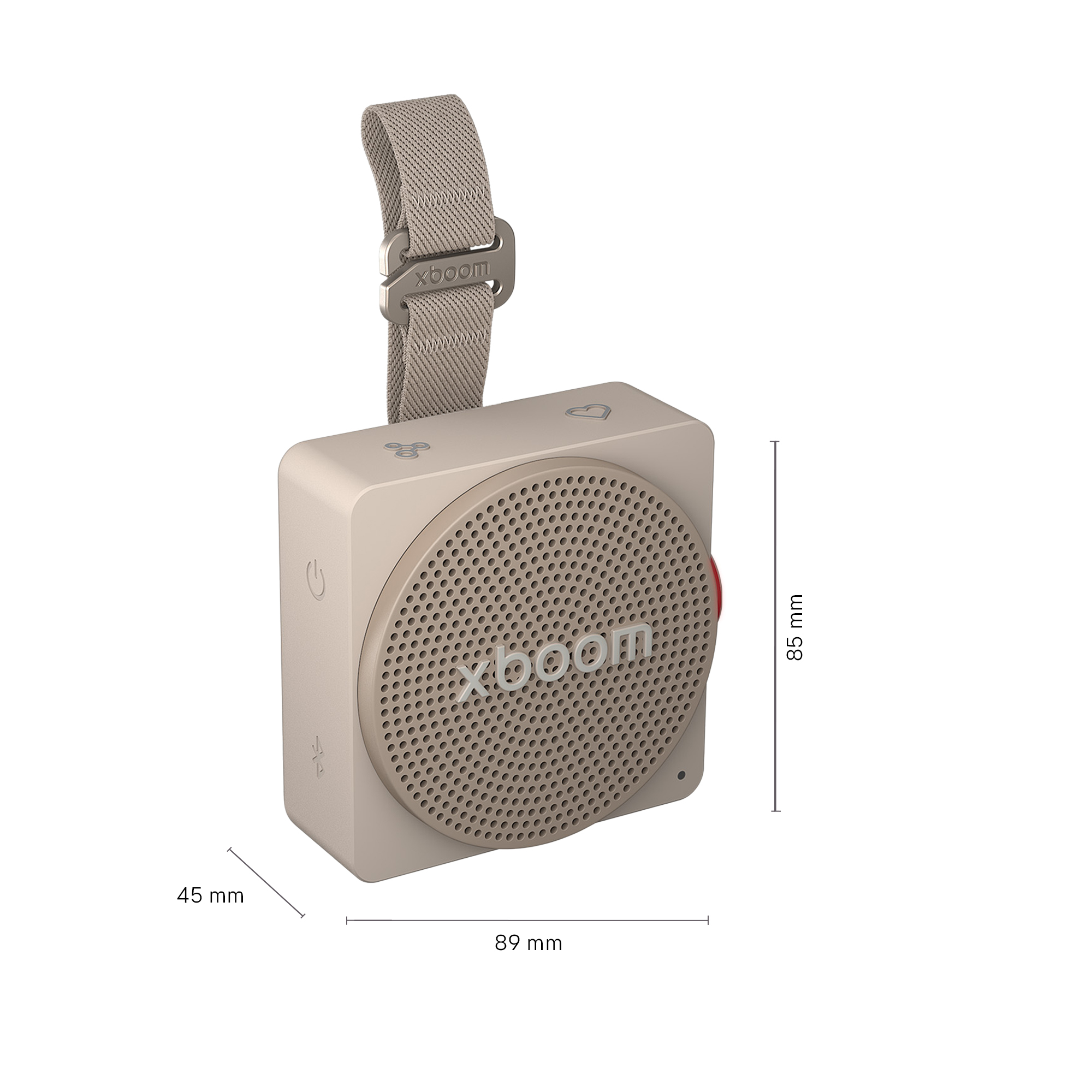 Un altavoz portátil beige con correa, dimensiones 89x45x85 mm.