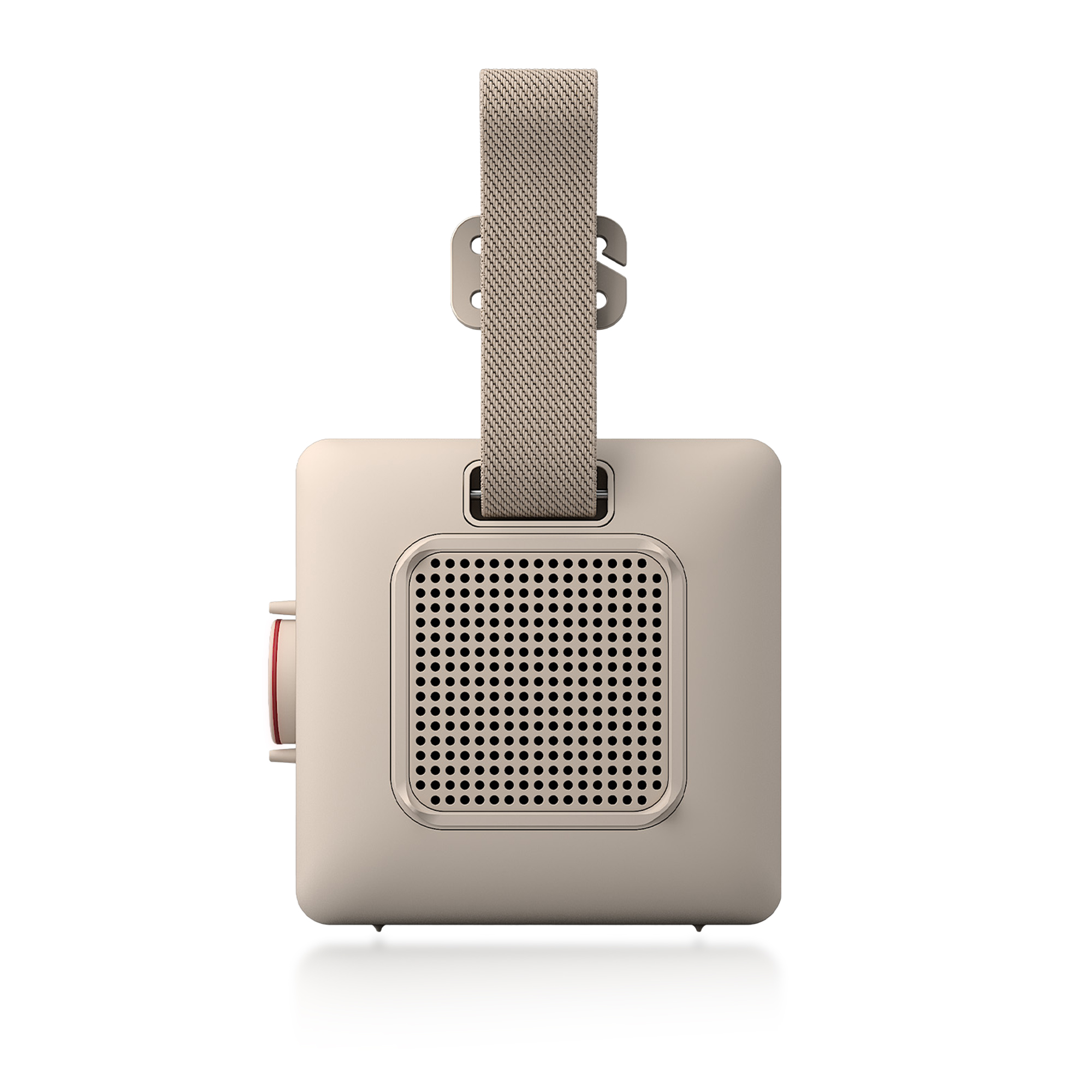 Altavoz beige con asa de tela y botón rojo en el lateral.