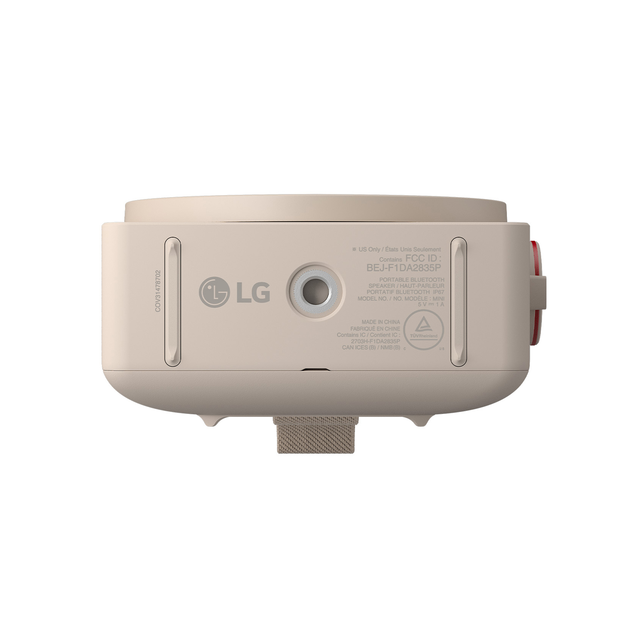 Altavoz Bluetooth LG beige con detalles técnicos y logotipos.
