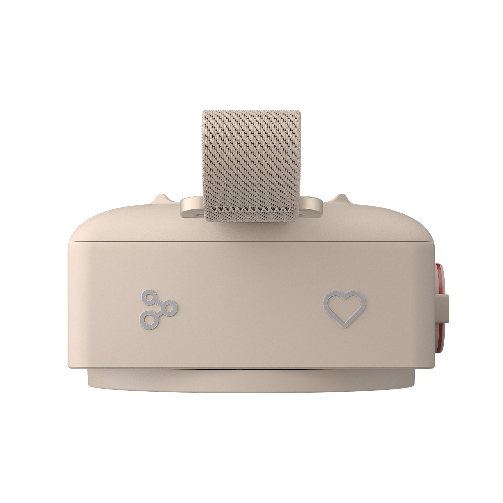 Una caja beige con un lazo, un símbolo de corazón y un símbolo de átomo.