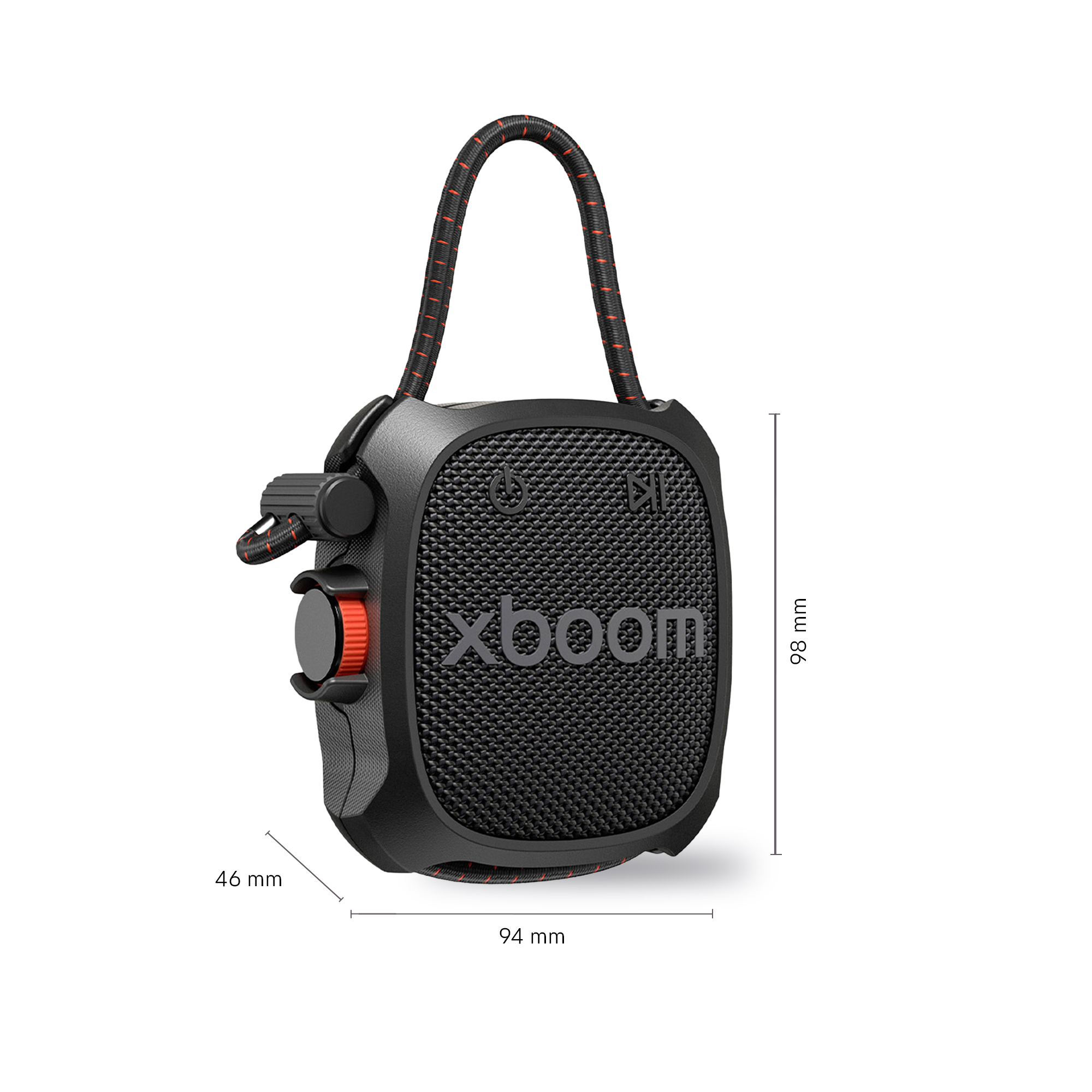 Altavoz negro Xbooom con detalles rojos, 94x46x98mm.