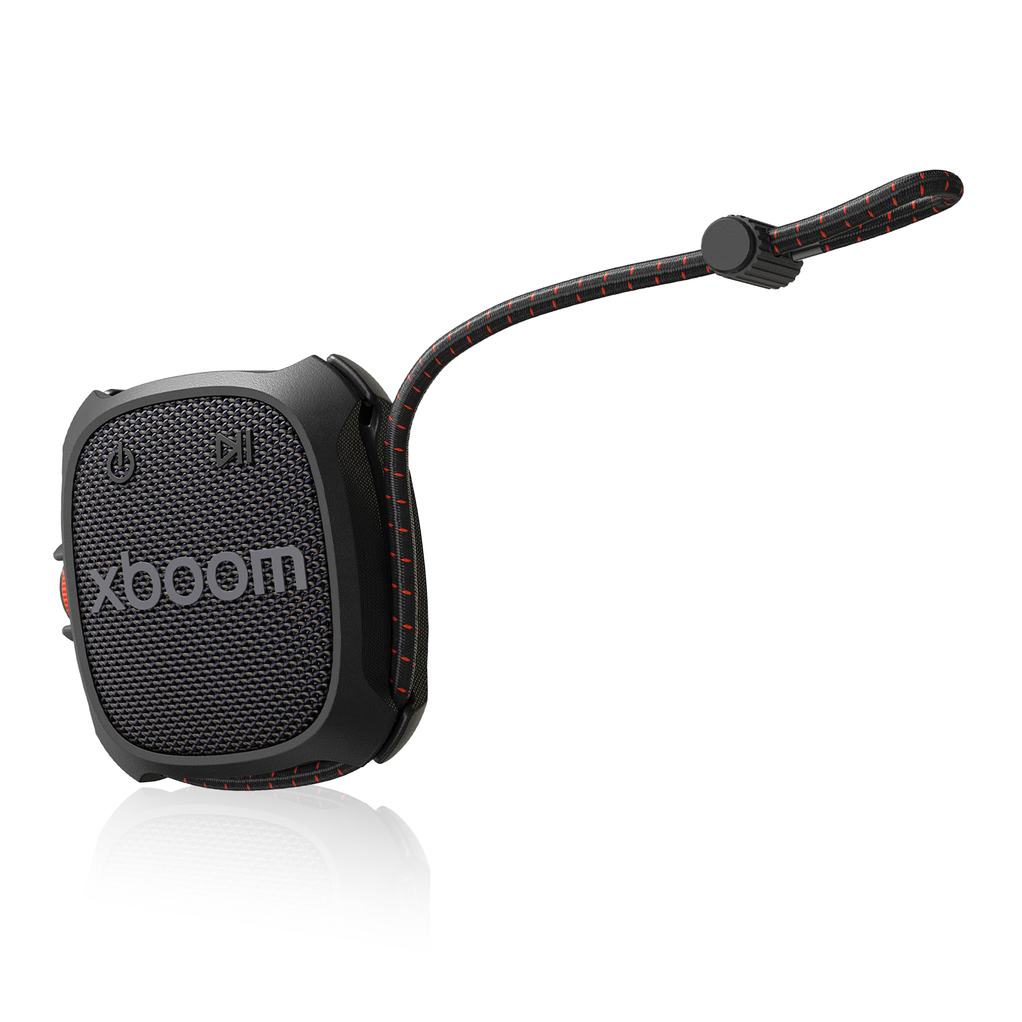 Altavoz portátil negro con logo xboom, cordón rojo y botones.