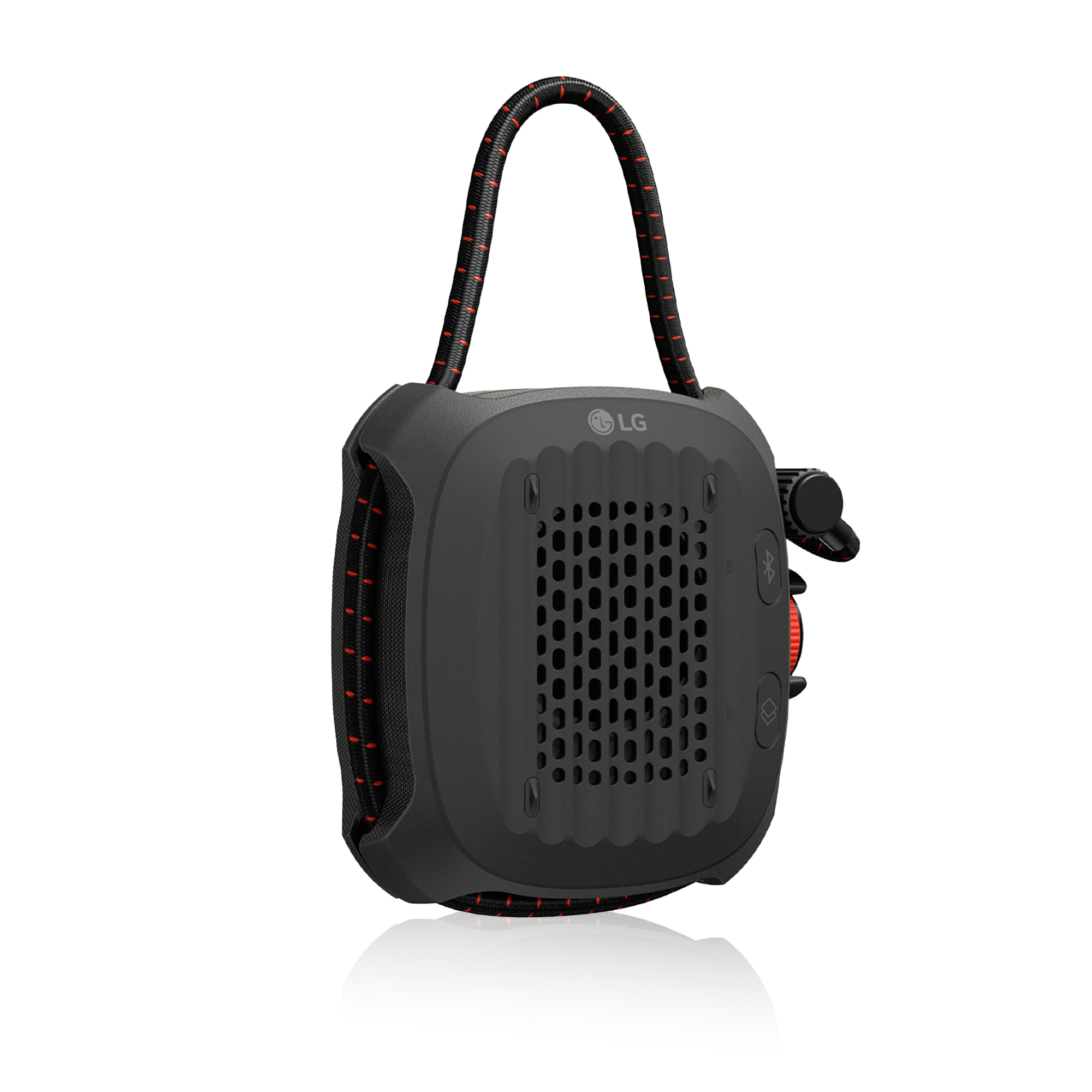 Altavoz LG negro con detalles rojos y correa de transporte.