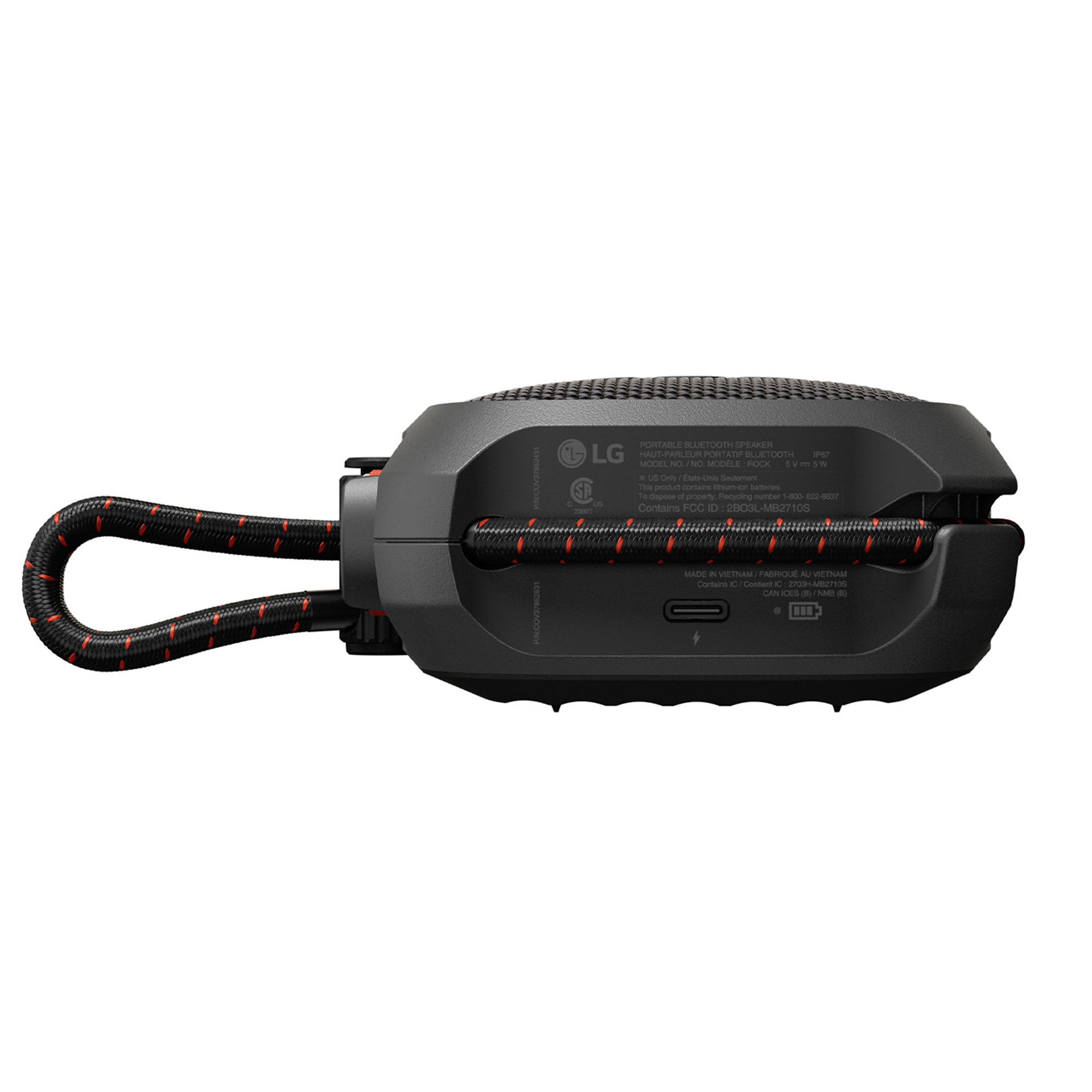Altavoz Bluetooth LG negro con correa de transporte de tela roja y puerto USB-C.