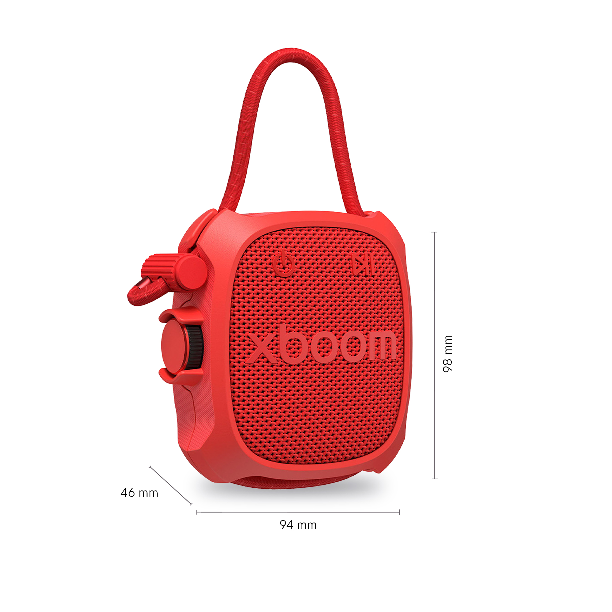 Altavoz portátil rojo con correa y dimensiones de 98x94x46 mm.