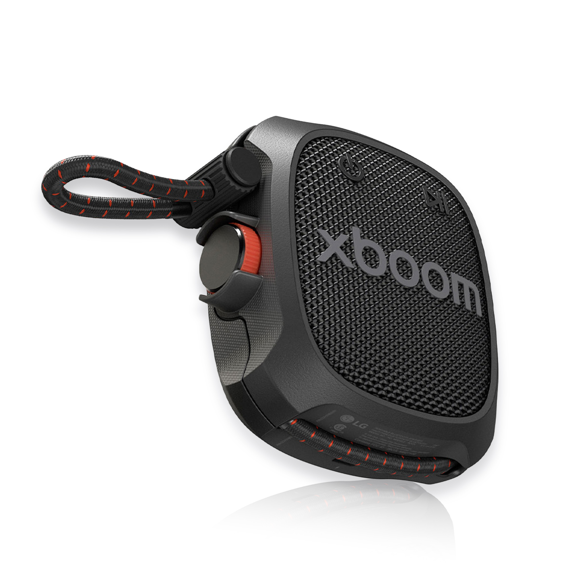 Altavoz portátil negro con cordón y detalles rojos. Lleva la marca 'Xboom'.