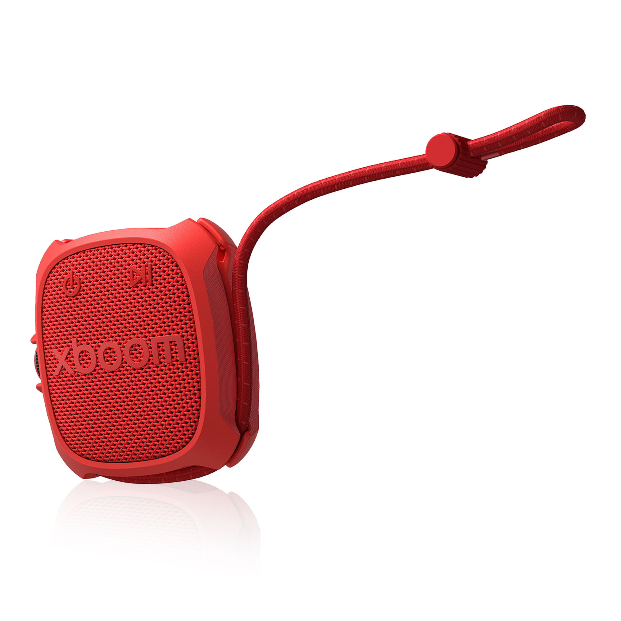 Altavoz Bluetooth compacto rojo con correa y logotipo.