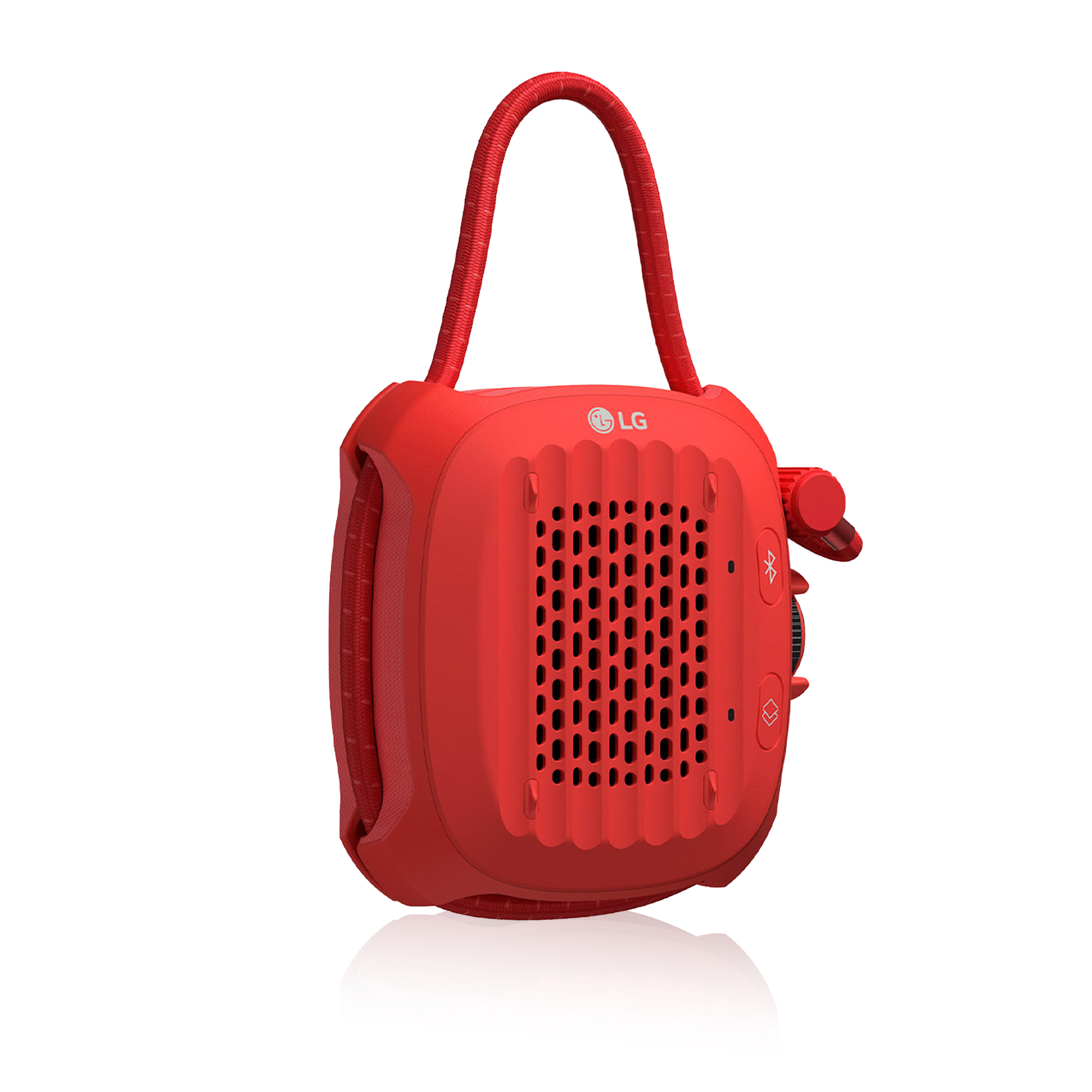 Un altavoz Bluetooth portátil LG rojo con asa de transporte.